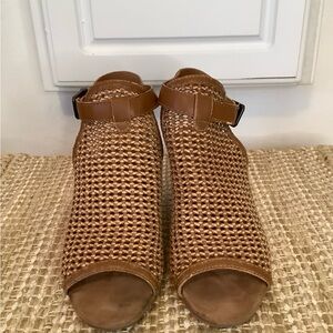 BareTraps Tan Woven Peep-Toe Mules with Ankle Strap